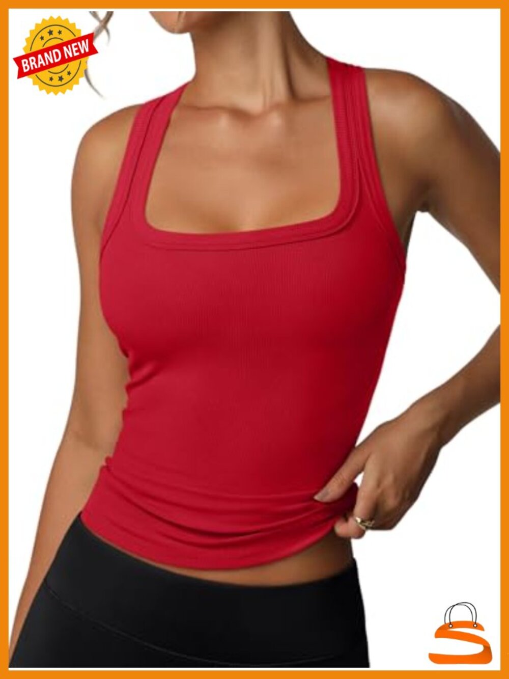 Built in Bra Tank Top Sleeveless Racerback Square Neck Ribbed Casual Summer Top
